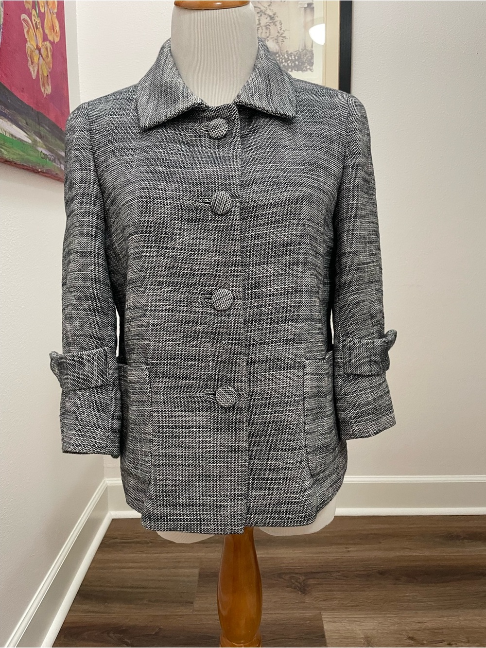 J Crew VTG Gray Cotton Linen Tweed Jacket Blazer with 3/4 sleeves